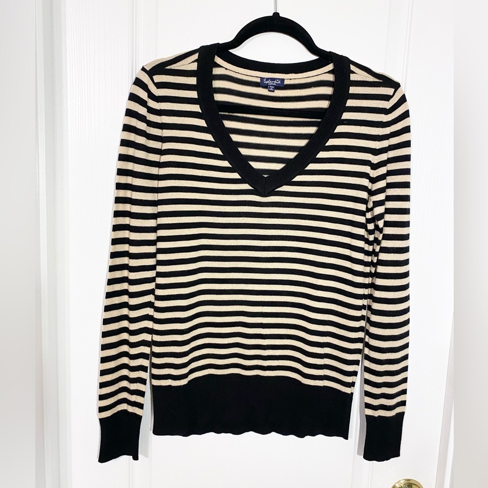 Splendid Viscose CASHMERE Blend Striped V Neck Knit Sweater Black Tan Medium